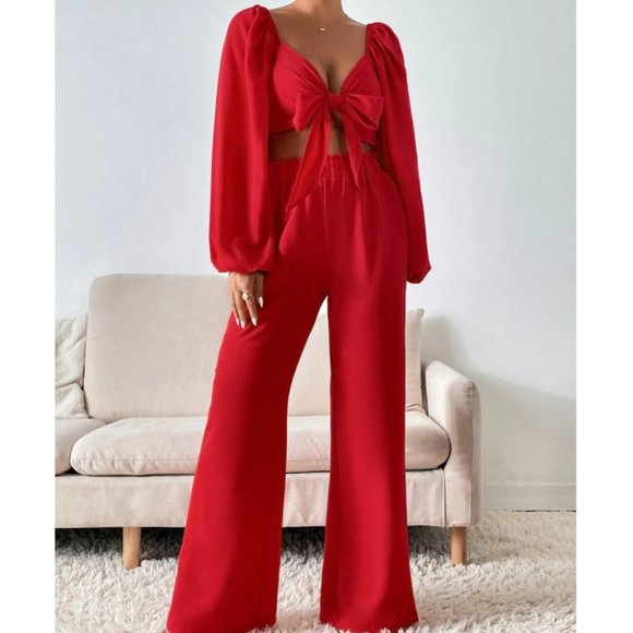 Coord Set Red Lantern long Sleeve Tie Front Crop Top & Wide Leg Pants - Picture 2 of 8